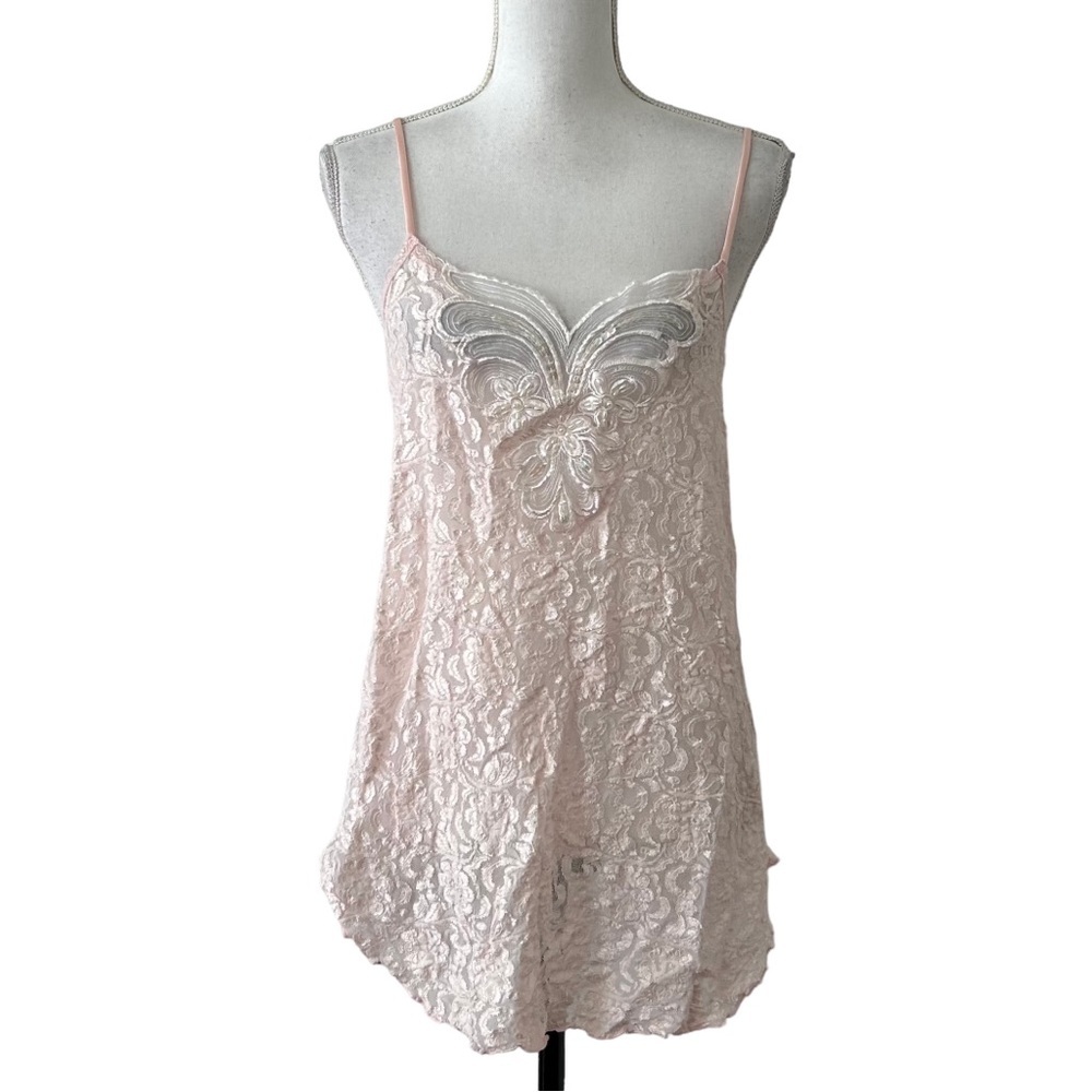 Adonna Pale Pink Lace Chemise with Silver Appliqué